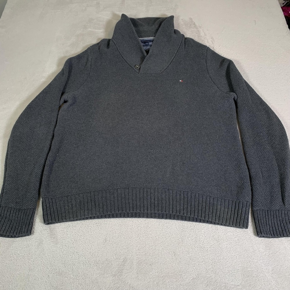 Tommy Hilfiger Sweater Mens XL Gray Shawl Collar Pima Cotton Wool Chunkyβ Knit